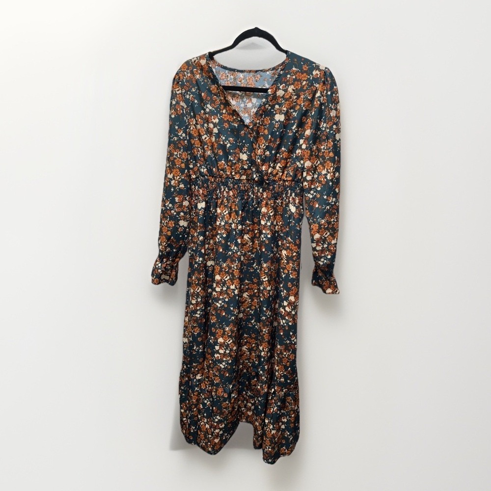 Boho Floral Midi Dress Women's Large Cottagecore Prairie Fall Dress - Picture 2 of 10